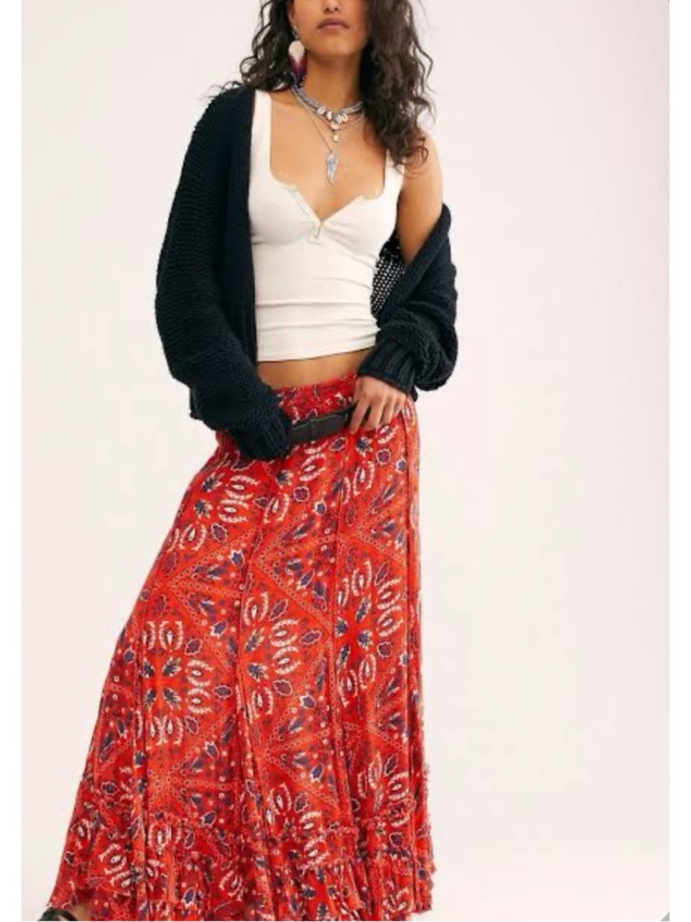 Free People One Red Cypress Boho Printed Midi Skirt, XS